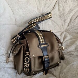 Michael Kors Black and Brown Crossbody Bag with Gold Accents